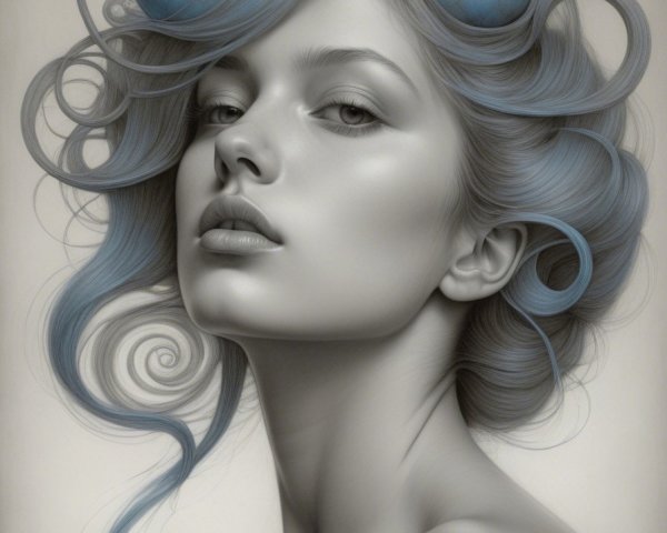 Ethereal Young Woman with Blue-Toned Hair and Ornaments