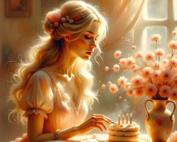 Young Woman Decorates Cake with Flowers and Candles