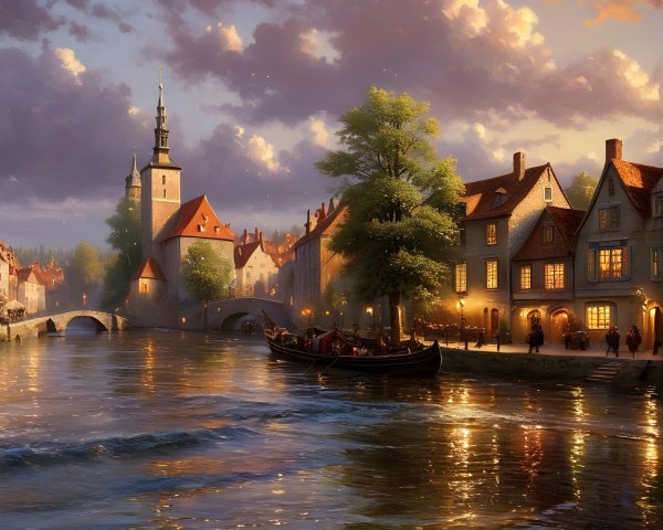 Twilight Riverside Scene with Quaint Buildings and Boats