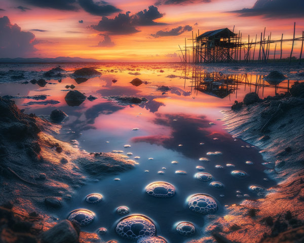 Serene sunset with vibrant colors and rustic structure
