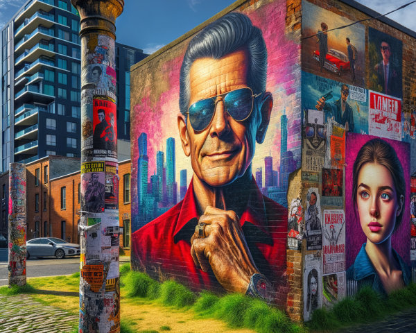 Vibrant Urban Mural with Charismatic Figure and Graffiti