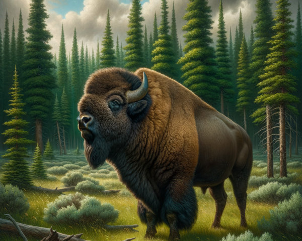 Bison in a Lush Forest with Towering Pine Trees