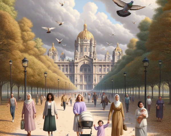 Bustling Park Scene with People and Ornate Building