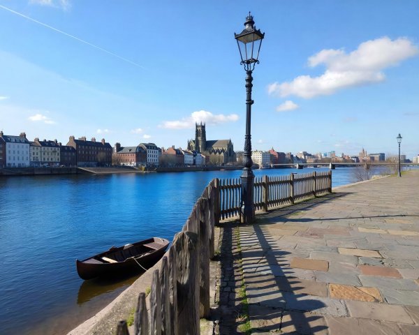 Tranquil River Landscape with Historic Town and Church