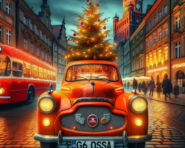 Festive Night Street Scene with Vintage Car and Decorations