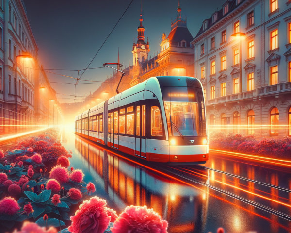 Modern Tram on Vibrant City Street at Night