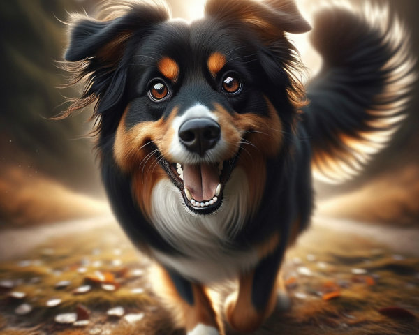 Cheerful Dog Jogging on Sunlit Forest Path