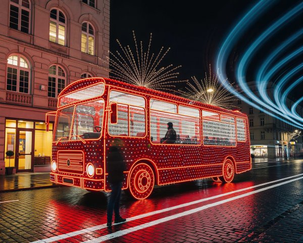Long Exposure Night Photo of a Red Bus on Cobblestones