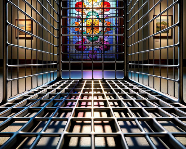 Wire Basket with Stained Glass Window Background