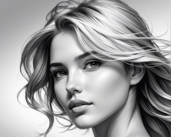 Black-and-white portrait of a young woman with wavy hair