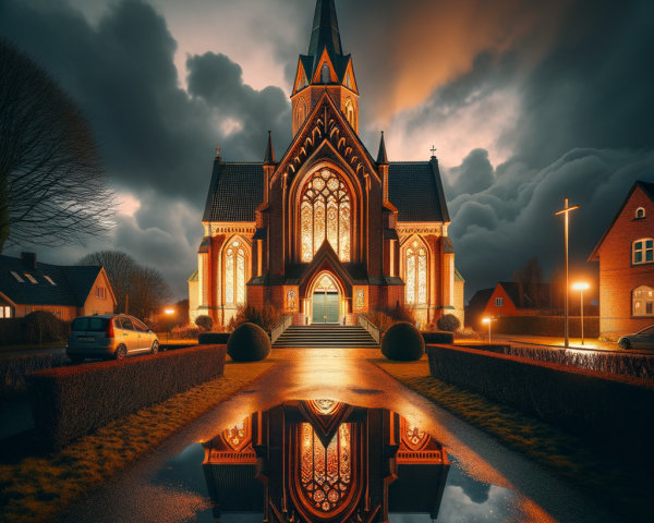 Gothic Church Against Dramatic Sky with Stained Glass