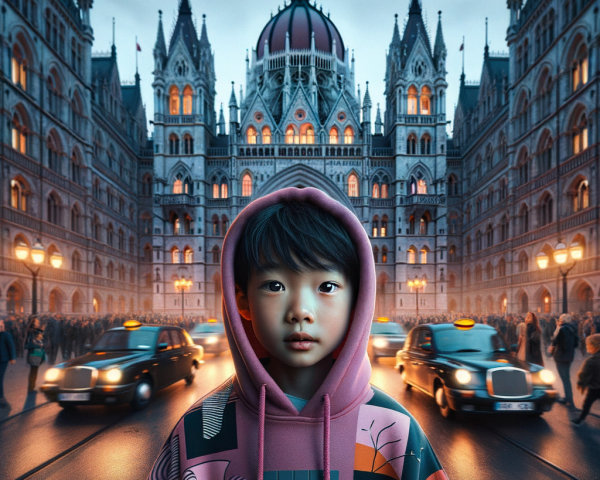 Child in Colorful Hoodie with Historic Building Background