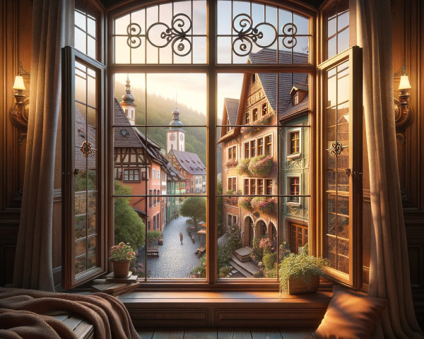 Cozy Interior with Ornate Window and Village View