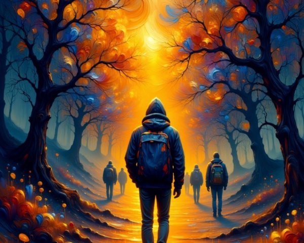 Solitary figure on vibrant autumn pathway with trees