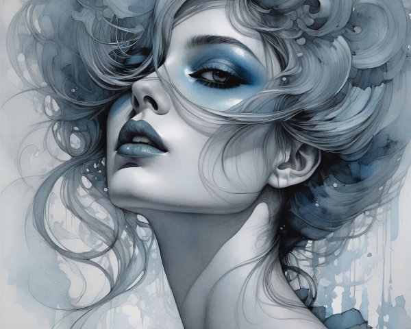 Portrait of a woman with voluminous curly hair and bold makeup