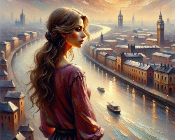 Serene Woman Overlooks Cityscape at Sunset