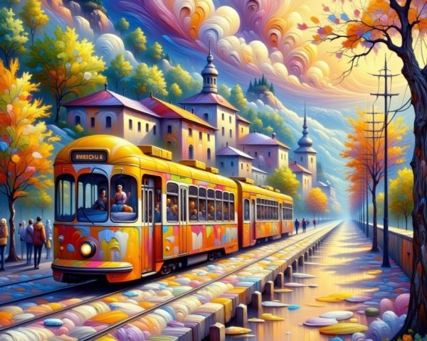 Colorful Tram Along Autumn Waterway at Sunset