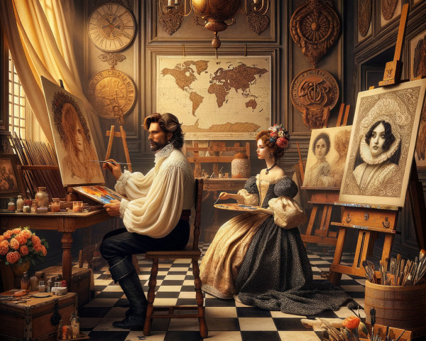 Vintage Art Studio with Historical Painting Scene