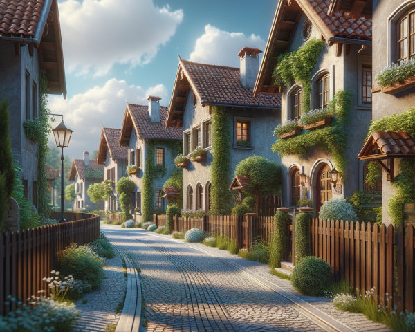 Charming Ivy-Clad Houses on a Serene Cobblestone Street