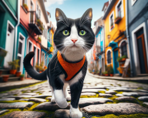Black and white cat on cobblestone street with colorful houses