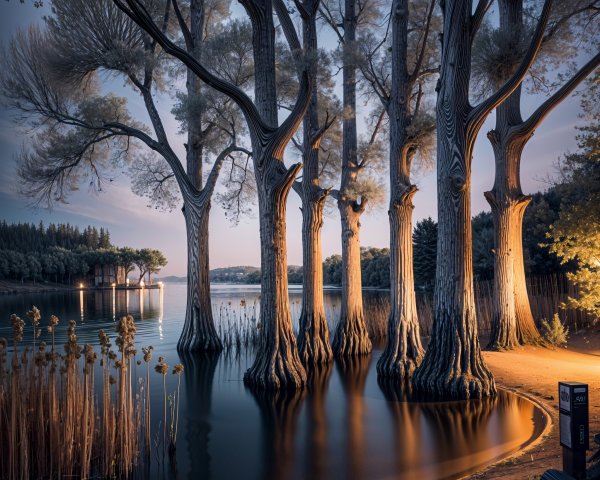 Tranquil Lakeside Scene at Dusk with Reflective Water