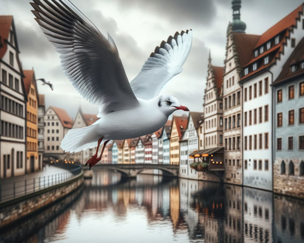 Seagull Over Tranquil River with Historic Buildings