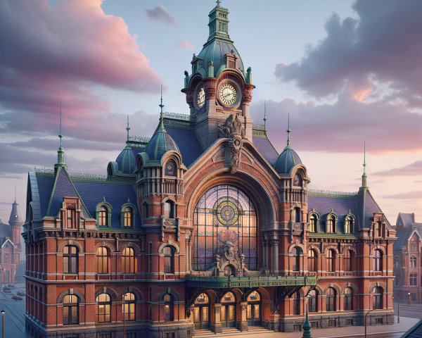Ornate Historical Train Station with Clock Tower and Stained Glass