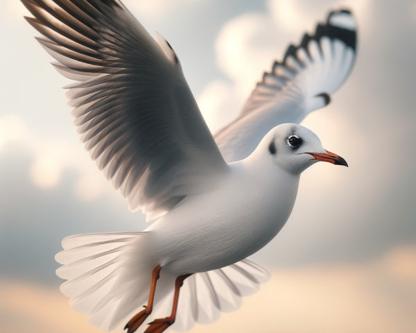 White Seagull Soaring in a Cloudy Sky Over Coastline