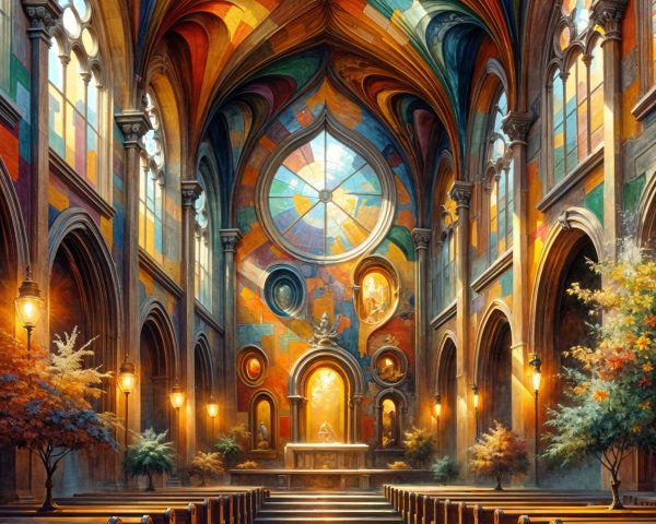 Interior of a Cathedral with Stained Glass and Arches