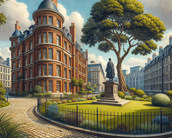 Urban Scene with Red-Brick Buildings and Park
