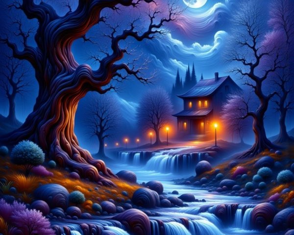 Nocturnal Landscape with Stream and Starry Sky