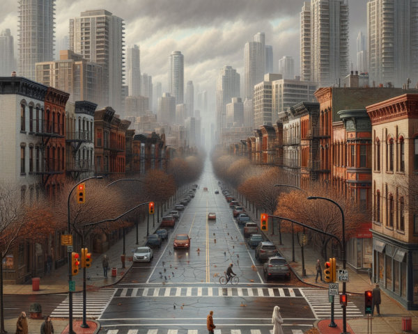 Urban Street Scene with Skyscrapers and Brownstones