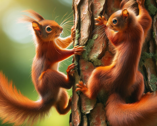 Playful Red Squirrels Climbing a Textured Tree Trunk