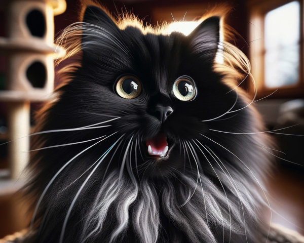 Fluffy Black Cat with Expressive Eyes in Cozy Room