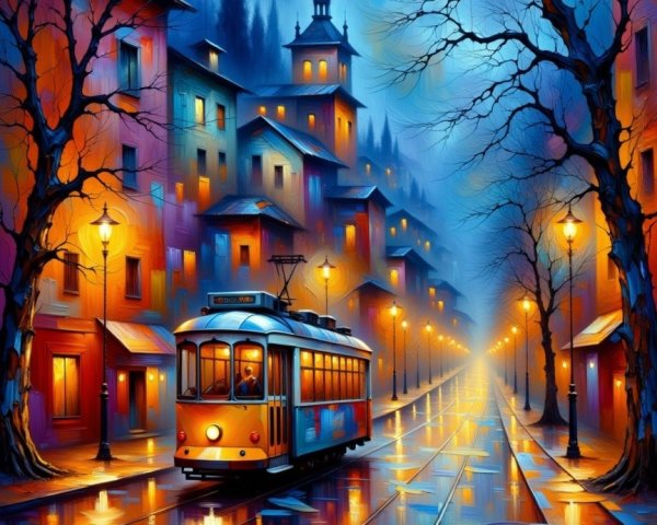 Vibrant Cityscape at Dusk with Tram and Reflections