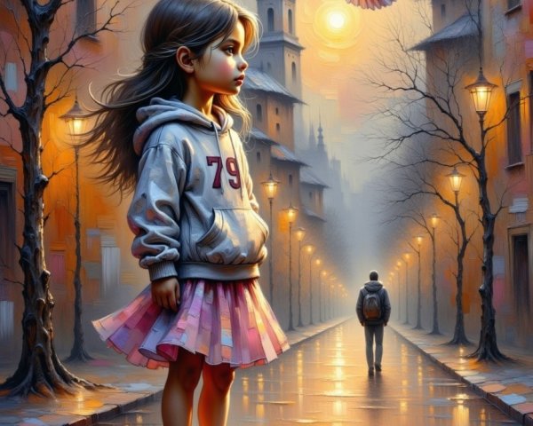 Young girl on cobblestone street at dusk with bird