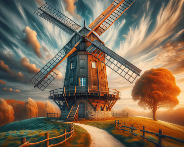 Wooden windmill at sunset in a tranquil landscape