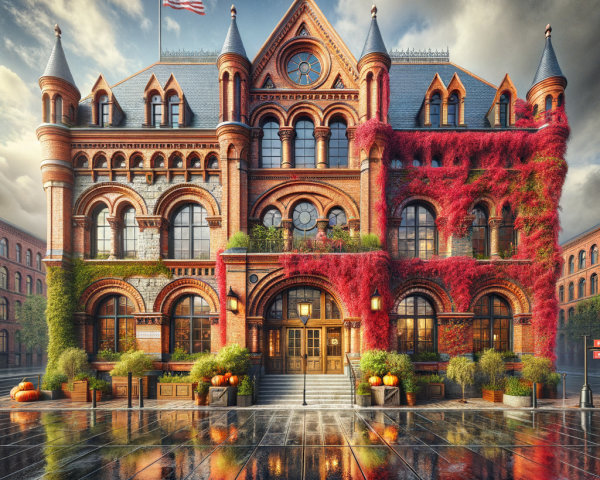 Historic Brick Building with Autumn Foliage Details