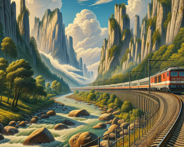 Vibrant Train Journey Through Scenic Mountain Landscape