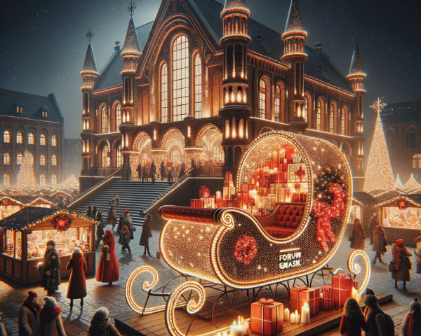 Festive Night Market with Illuminated Buildings and Sleigh