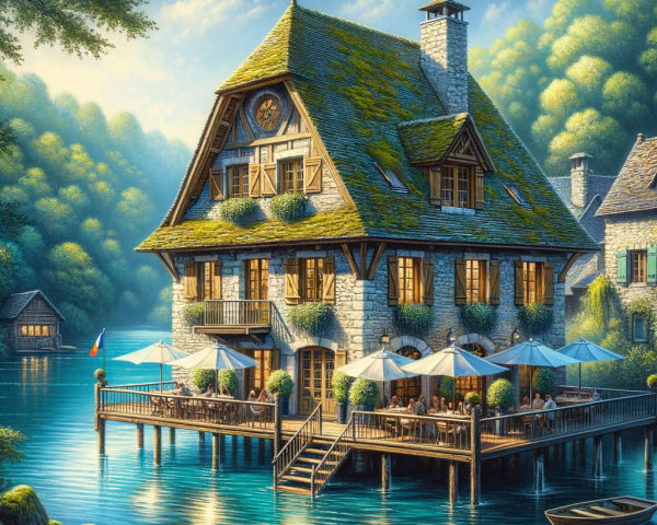 Lakeside House with Rustic Stone Architecture and Deck