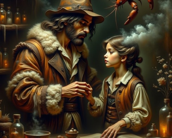 Apothecary Scene with Man, Girl, and Floating Lobster