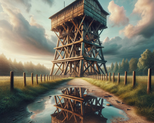 Wooden Observation Tower in Serene Landscape