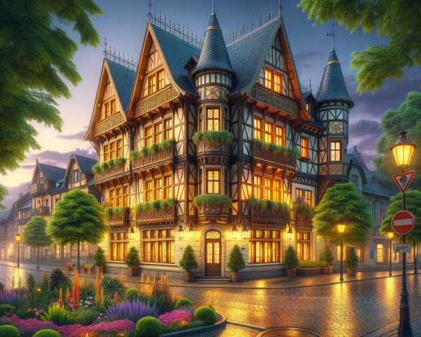 Ornate Gothic and Tudor Building Illuminated at Dusk