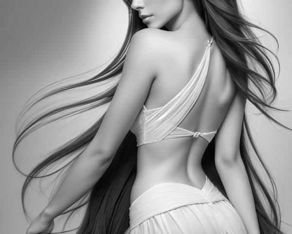 Black and white depiction of a graceful figure in gown