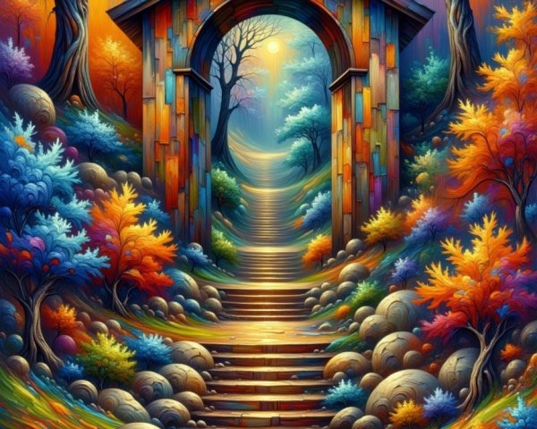 Surreal Landscape with Colorful Archway and Trees
