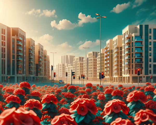 Urban Landscape with Modern Buildings and Red Flowers