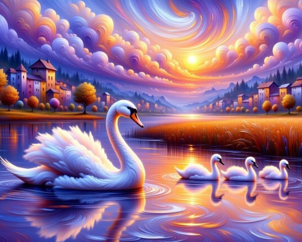Serene Sunset Landscape with Swan and Cygnets