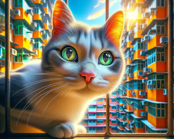 Curious Cat Observing Vibrant Urban Landscape