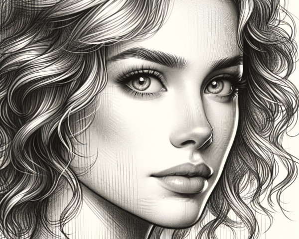 Black-and-White Portrait of a Young Woman with Curly Hair